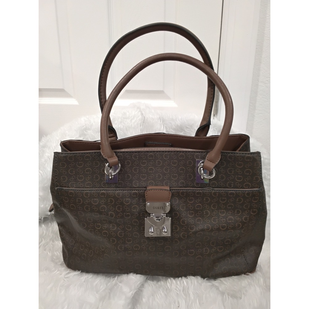 Guess Monogram Satchel Handbag Brown G Logo Triple Compartment Tote Bag